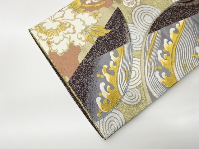  荒波に牡丹・梅模様織出し袋帯